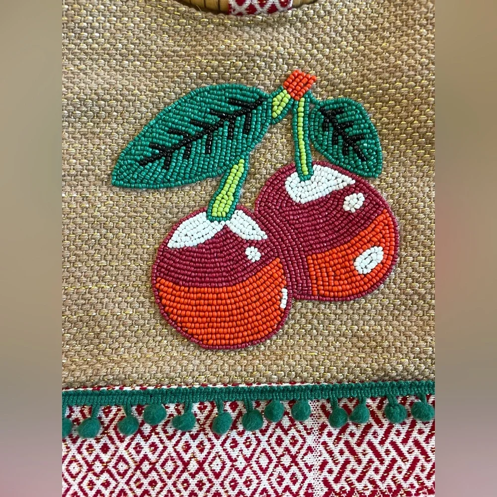 Chic Cherry Beaded Tote Bag with Bamboo Handles and Crossbody Strap